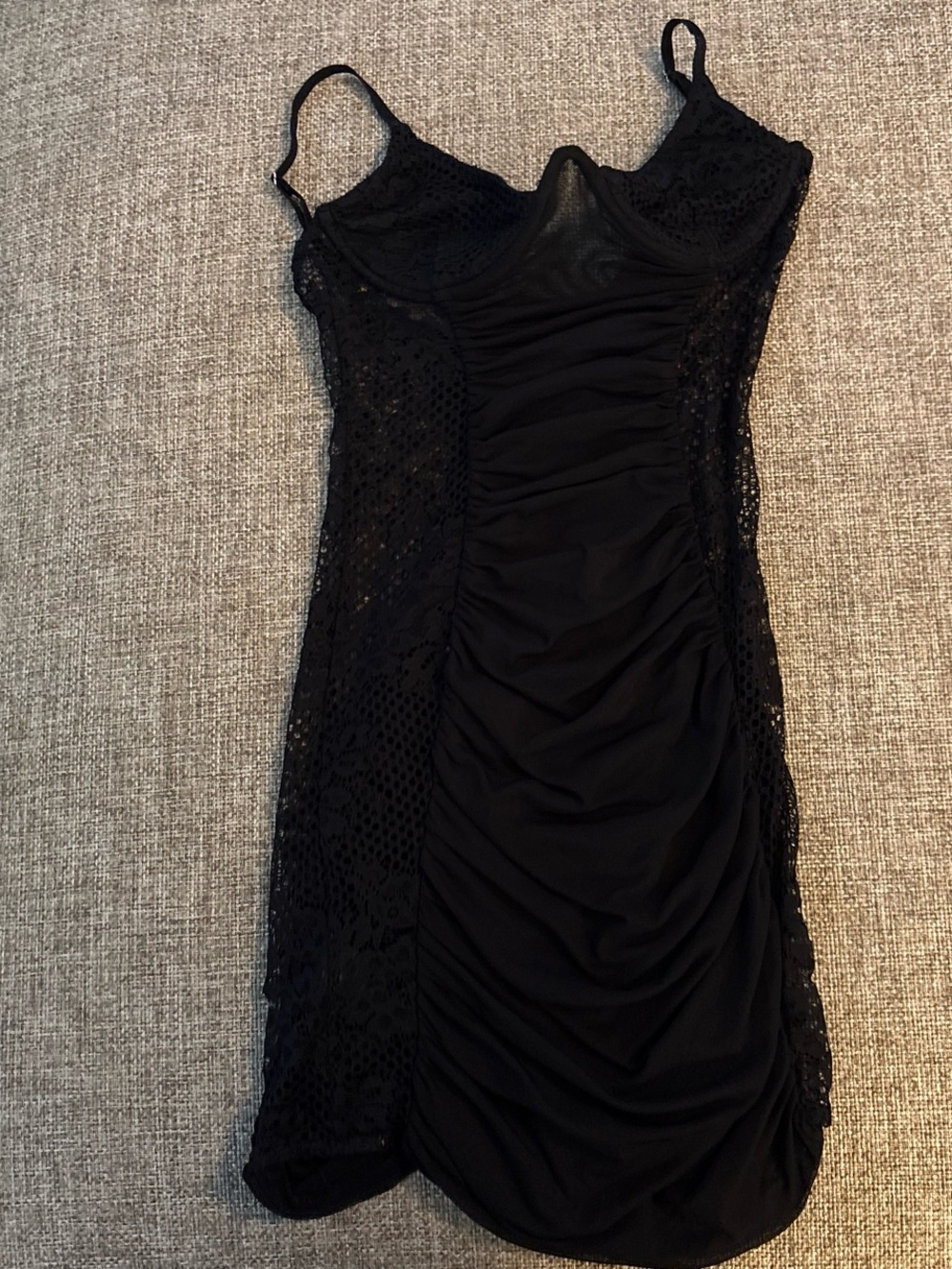 Black Lace Ruched Mini Dress with Spaghetti Straps